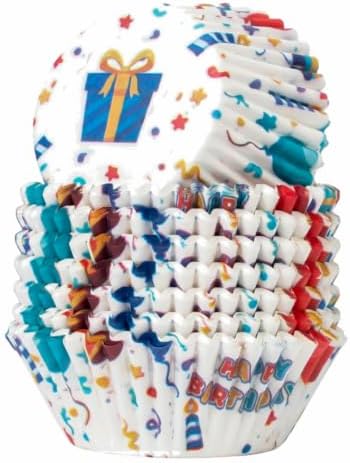 200 Paper Cupcake Liners, Muffin Liners or Baking Cups for Desserts, Muffins, Cupcakes and More Treats; Grease Proof, No Smell, Food Grade, Nut Serving Containers (Birthday)