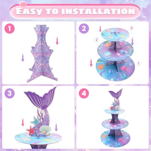 Mermaid Decor Cupcake Stand - 3 Tier Cupcake Tower Decorations Dessert Holder for Table Display Little Mermaid Birthday Party Decor