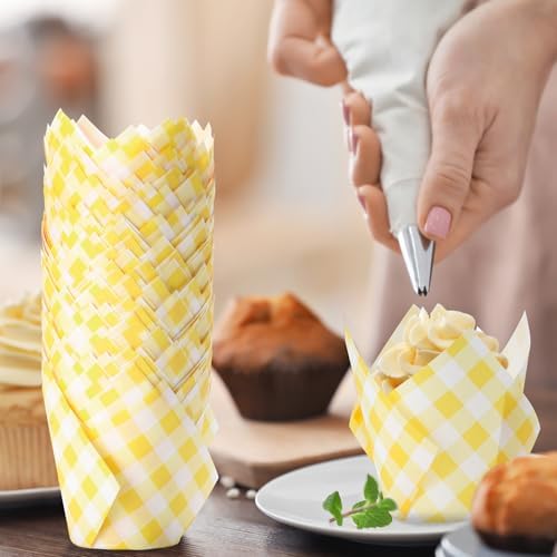 Maxdot 200 Pcs Yellow Gingham Tulip Cupcake Liners for Baking Plaid Paper Muffin Baking Cups Checkered Tulip Muffin Liners Wrappers for Bridal Baby Shower Wedding Birthday Party Decor
