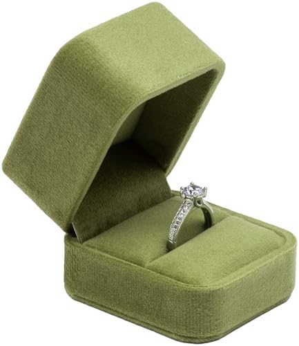 Velvet Single Ring Box Case Holder for Engagement Proposal Birthday Wedding,Jewelry Ring Gift Box Jewelry Packaging Box (Olive Green)