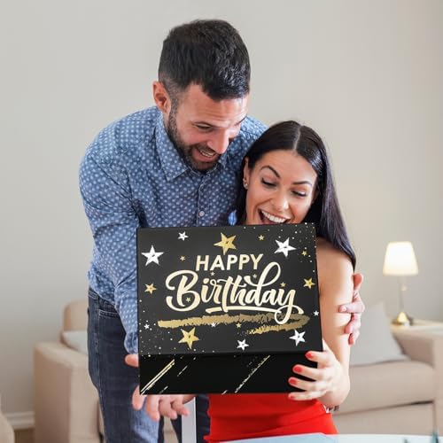 Ctosree Black Happy Birthday Gift Box with Lid for Presents, 13.5 x 10 x 4 Inch Gold Black Large Luxury Star Foldable Cardboard Box for Gift Packing, Contains Card, Envelope, Ribbon, Raffia Grass