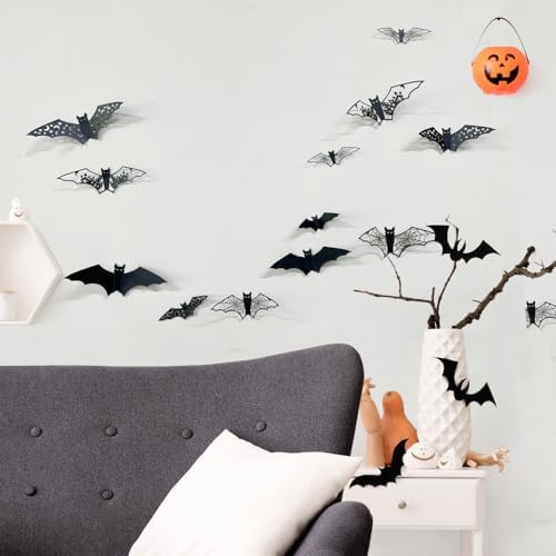 24Pcs Large Halloween Bats Wall Decorations Bats Wall Stickers 3D Self-Adhesive PVC Bats Wall Decals Removable Hollow Bats Window Stickers Walls Clings Decorations for Halloween Party Indoor Supplies