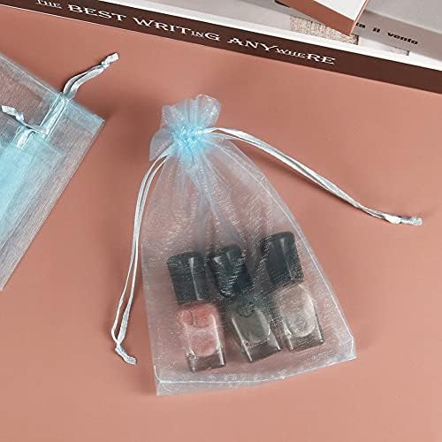 HRX Package 100pcs Organza Favor Bags 4 x 6 inch, Light Blue Mesh Bags Drawstring Sheer Jewelry Pouches for Small Gift Baby Shower Party Candy