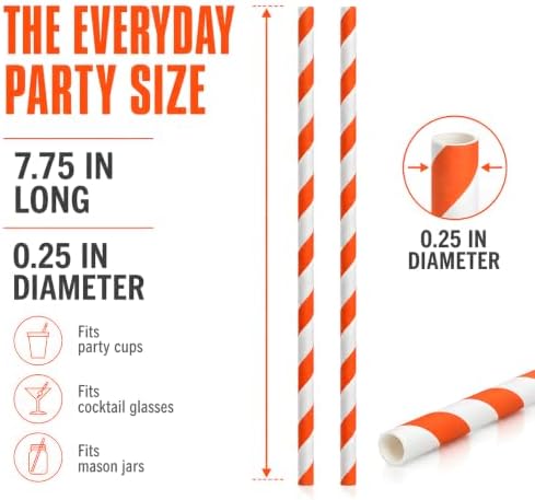 ALINK 100 Orange and White Paper Straws, 7.75 in Striped Spritz Straws