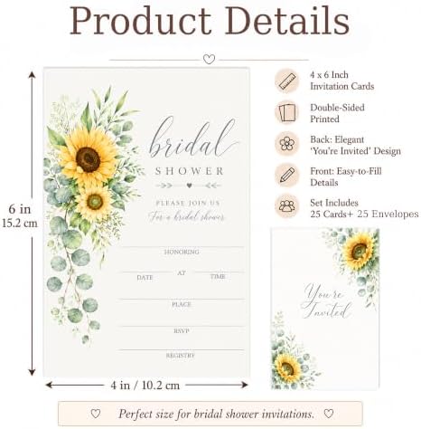 Sunflower Bridal Shower Invitations, Fill In Style Invites With Envelopes for Fall Wedding Reception, Fall Floral Bridal Shower Invitations, Bride To Be Double-Sided Invite Cards, 4 x 6 Inch Set of 25