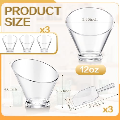 LemonRoad 6 Pcs Clear Plastic Serving Bowls with Scoops, Candy Bowls for Party Table, Disposable Angled Buffet Containers Dishes for Salad Fruit Snacks Appetizer Bar Catering Supplies(12oz)