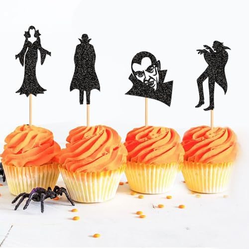 24Pcs Glitter Black Vampire Cupcake Toppers Halloween Cupcake Picks