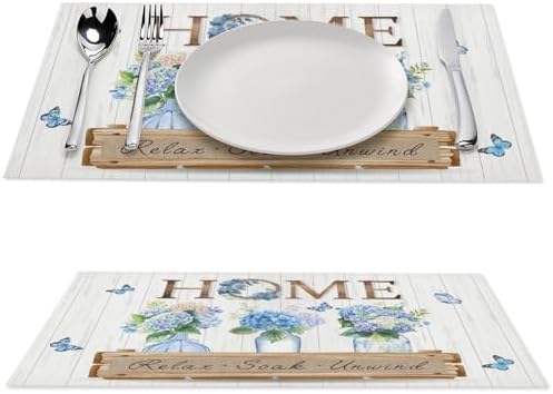 Blue Floral Placemats Set of 6, 12x18 Inch Spring Flower Hydrangea Butterfly Rustic Sweet Home Wooden Plank Seasonal Farmhouse Holiday Cafe Table Mats for Party Kitchen Dining Decoration