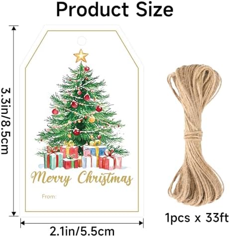 joycraft 50Pcs Merry Christmas Tags with String, Christmas Tree Gift Tags