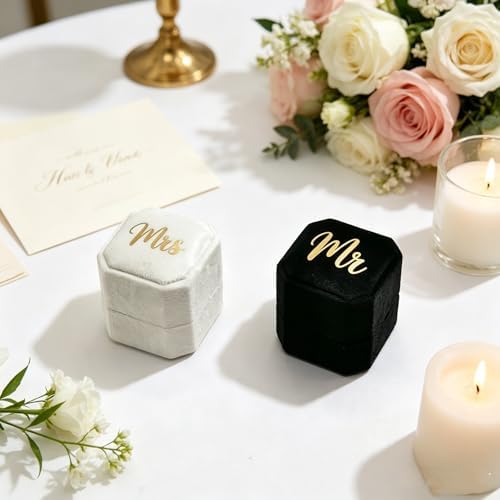 Mr & Mrs Wedding Ring Box - Engagement Ring Box Ring Display Holder Case with Lid for Proposal Engagement Wedding, 1.77x1.77x1.77 IN U2-PRB009-mr mrs Black White