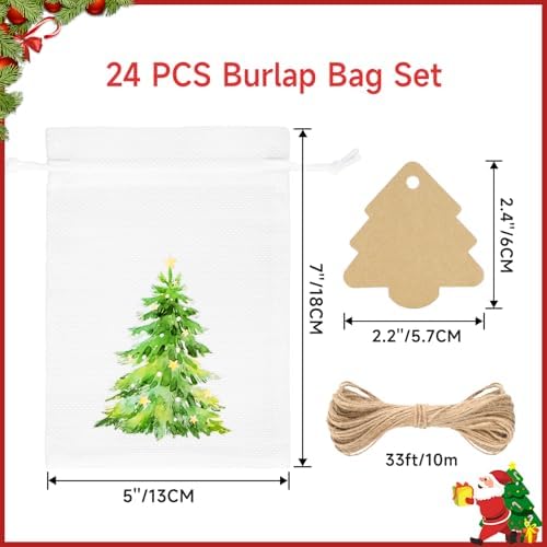 G2PLUS 24Pcs Christmas Drawstring Burlap Gift Bags - 5X7 In Christmas Advent Calendar Bags, 4 Design Xmas Tree Burlap Bag, White Treat Goody Bag for Xmas Holiday Party Favors