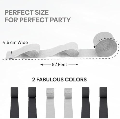 6 Silver Black Crepe Paper Streamers, 492ft Pack of Party Decorations