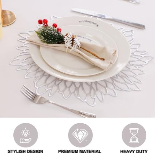 Snowkingdom 4 Pack Silver Placemats Metallic Glitter Pressed Vinyl Dinning Table Mats Decorative Round Leaf Charger for Winter Holiday Thanksgiving Christmas