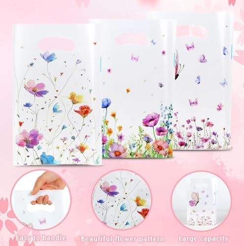 Wildflower Gift Bags, 100 Pcs Wildflower Party Favor Bags with Handles, Plastic Floral Goodie Candy Cookie Treat Bag for Wildflower Baby Shower Decorations Birthday Spring Party Favors Supplies