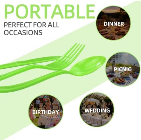 HEIPINIUYE 75 Pack Lime Green Plastic Cutlery Heavy Duty Green Plastic Knives Forks and Spoons Disposable Silverware Set for 25 Guest Camping Birthday Baby Shower Wedding Party Utensils Set