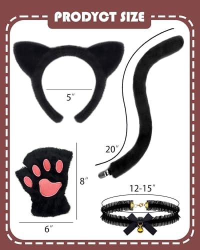 Black Cat Costume Accessories - Cat Ears Headband Tail Paws Gloves Choker Fluffy Cute Set for Adult Women Halloween