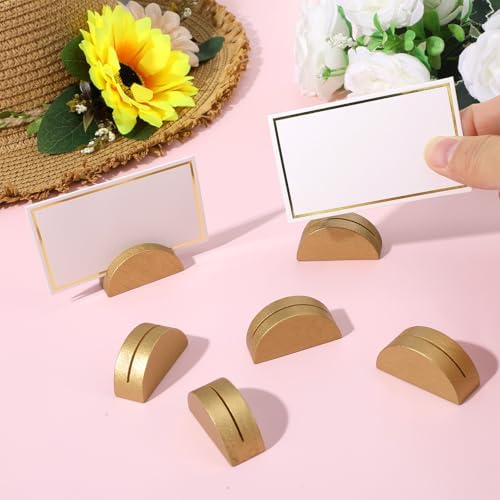 50 PCS Gold Table Number Holders, Wooden Place Card Holders with 50 PCS Cards Semicircular Table Number Stands for Restaurant, Wedding, Birthday Party Plates, Menus and Photos