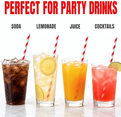 ALINK 100 Red Striped Paper Straws, 7.75 Inch x 0.25 Inch Party Straws