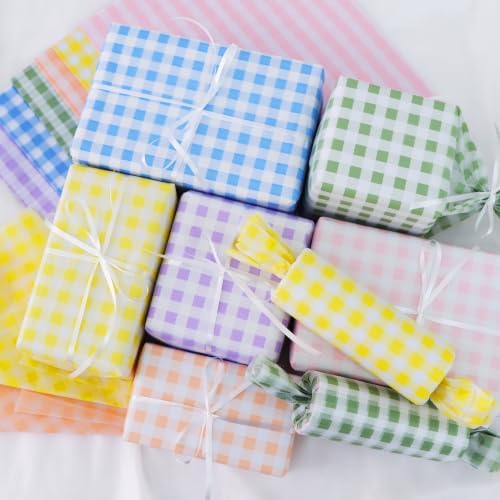 BEISHIDA Pastel Gingham Tissue Paper Bulk, Checkered Wrapping Tissue Paper for Gift Bags, 14 x 20 Inch Gift Wrap for Easter Birthday Baby Shower Bridal DIY Crafts Decor Holiday Flowers,60 Sheets