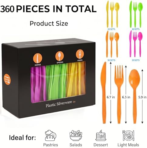 360Pcs Neon Plastic Silverware Set, Disposable Forks Spoons Knives