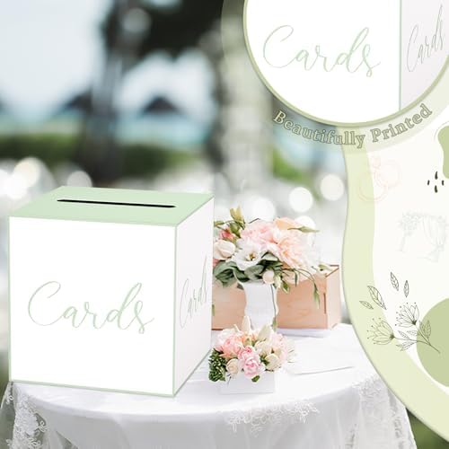 WNINK White and Green Card Box for Parties, Weddings, Birthdays, Bridal & Baby Showers, Anniversaries, Graduations & Retirements Party Decorations – Cards, Raffle, Wishes & Money Card Boxes
