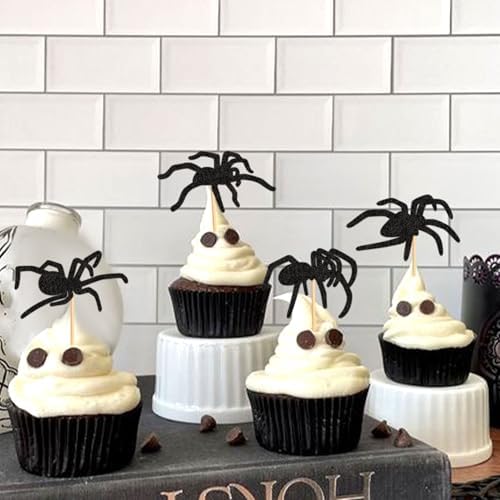 Ercadio 32Pcs Glitter Black Spiders Cupcake Topper Halloween Spider Cupcake Picks Horrible Animal Food Picks for Halloween Spider Birthday Cupcake Decoration Halloween Party Supplies