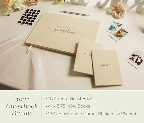 Photo Wedding Guest Book with Vow Book Set (Cream) - Linen Textured Guestbook, Matching Lined Vow Books for Bride and Groom, Neutral Wedding Keepsake for Reception Table