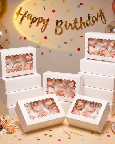 qiqee Auto-pop Up Cupcake Boxes with Window White 100PCS 6 Count Cupcake Box 9.4"x6.1"x3" Cupcakes Carrier, 6 Cupcake Containers