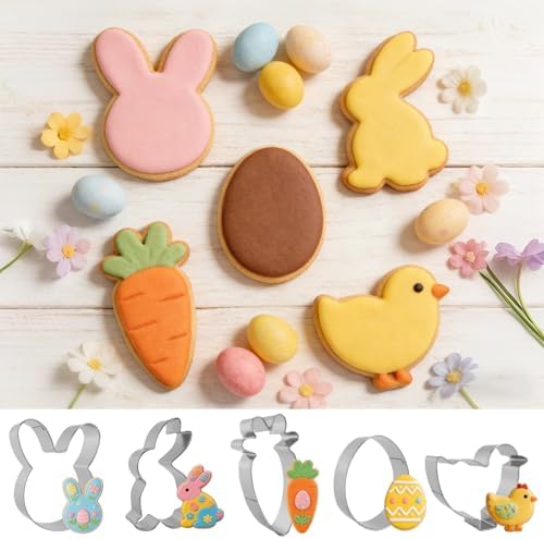 Easter Cookie Cutters, 5 Pcs Chick Carrot Egg Bunny Rabbite Shapes Metal Cookie Cutters, Stainless Steel Cutter Sets Biscuit Fruit Cutter for Easter Holiday Home Baking Kit Birthday Party Supplies