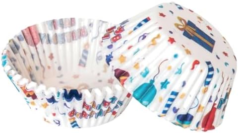 200 Paper Cupcake Liners, Muffin Liners or Baking Cups for Desserts, Muffins, Cupcakes and More Treats; Grease Proof, No Smell, Food Grade, Nut Serving Containers (Birthday)