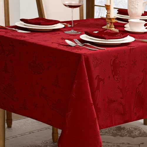 Romanstile Christmas Jacquard Rectangle Tablecloth, Red Xmas Deer and Tree