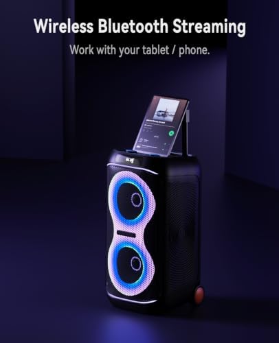 GKDT63 Karaoke Machine with 2 Rechargeable Wireless Microphones, 600W Portable Bluetooth PA Party Speaker with Wheels & Pull Handle, TWS Stereo, LED Lights,DSP Vocal Priority for Adult Outdoor Parties