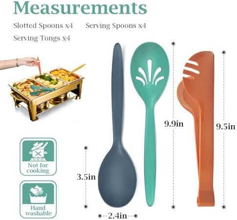 Reusable Plastic Serving Utensils Set of 12, 10" Wheat straw Large Serving set Serving Spoons/Slotted Spoons/Tongs, for Party Buffet Catering (Orange/Blue/Yellow/Green, Not for Cooking)