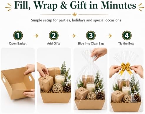 CDIVEFTN Kraft Empty Gift Baskets, 5 Pack 12x10 in with Bags and Bows