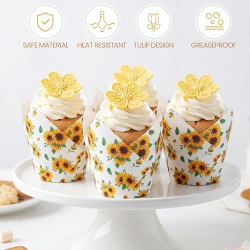 Maxdot 200 Pcs Sunflower Tulip Cupcake Liners for Baking Sunflower Paper Muffin Baking Cups Flower Tulip Muffin Liners Wrappers for Thanksgiving Baby Shower Wedding Birthday Party Decor