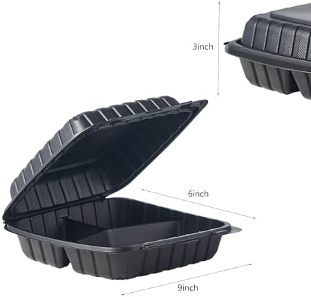 Jaluxing 9X9 3-Compartment 50-Pack Plastic Clamshell Takeout Food Trays Heavy Duty Togo Disposable Box For Pasta Salad Sandwich Carryout Hinged Containers With Secure Snap Lid (Formerly FULING)