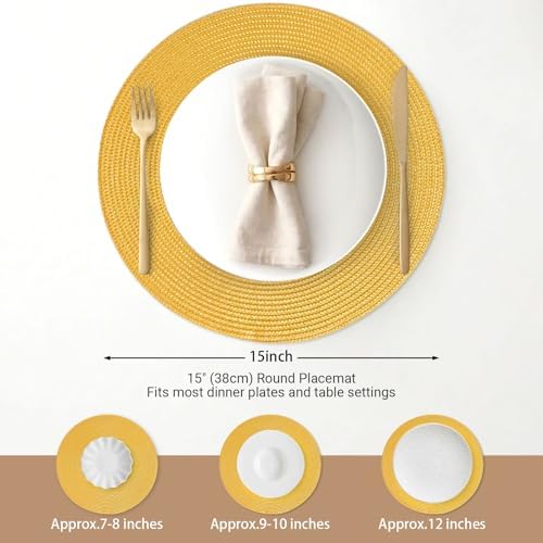 FunWheat Round Braided Placemats Set of 6 Table Mats for Dining Tables Woven Washable Non-Slip Place mats 15inch for Spring(Yellow, 6pcs)