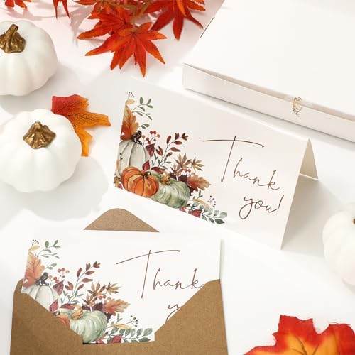 Whaline 50 Pack Fall Thank You Cards Boxed Boho Pumpkin Leaves Note Cards with Envelopes Stickers Blank Greeting Card for Autumn Thanksgiving Wedding Birthday Baby Shower