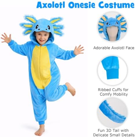 Kids Axolotl Costume for Girls & Boys - 3D Hooded Salamander Jumpsuit Costume for Halloween Party