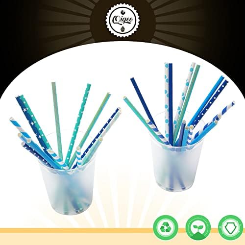 Blue Paper Straws 150pcs Disposable Bulk(10 Pattern) qiqee