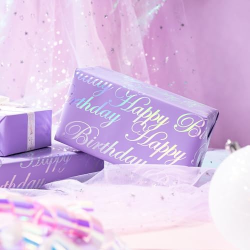 WRAPAHOLIC 30 Inch Reversible Birthday Wrapping Paper - 30 Inch x 33 Feet - Puprle and Silver Foil Happy Birthday Wrapping Paper for Girls, Women, Kids, Baby Shower
