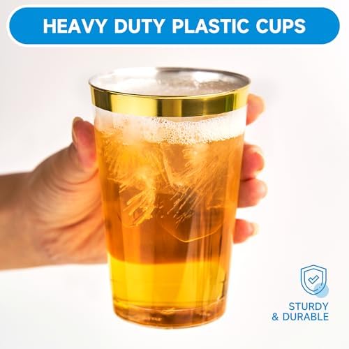 RACETOP 12 oz Disposable Plastic Cups with Gold Rim, 100 Pack