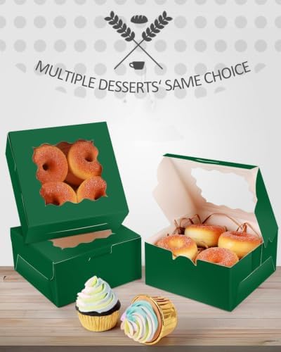 qiqee Deep Green Cookie Boxes with Window 36packs 6x6x3 Deep Green Bakery Box Pastry Box for Wedding Favor Birthday ＆ Party