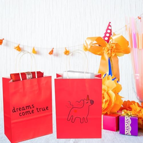 BLEWINDZ 32Pcs Small Paper Gift Bags with Tissues, Red Party Favor Bags with Handles, 8.7" Goodie Bag for Birthday, Shopping, Party Supplies
