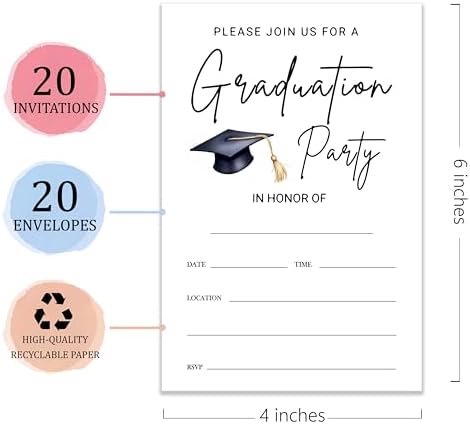 4x6 2026 Graduation Party Invitations (20 Cards + 20 Envelopes) - Cap & Tassel Grad Celebration Invites.(011)