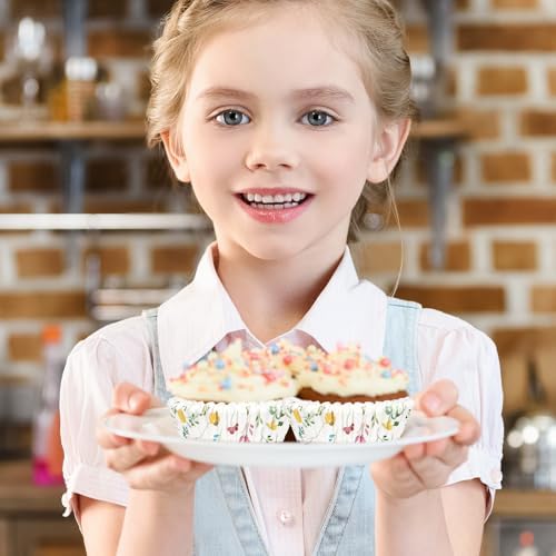 Whaline 300Pcs Floral Cupcake Liners Spring Flowers Paper Baking Cups Colorful Wildflower Muffin Liner Cupcake Wrappers for Baby Shower Bridal Shower Wedding Party Baking Supplies, 2 x 1.2 Inch