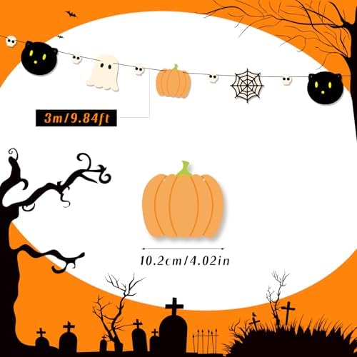 2pcs Halloween Party Banner, 9.84ft Pre-Strung Pumpkin Ghost Spiderweb Skull Black Cat Banner Hanging Summerween Garland Sign for Fall Halloween Boo Birthday Party Decorations
