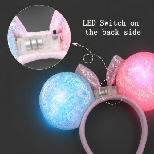 LED Mouse Ears Light Up Birthday Girl Hair Bow Headband, Flash Glowing Party Decoration Headwear for Women Girls