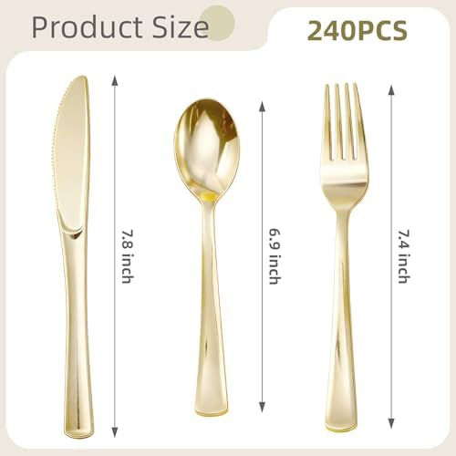 240PCS Gold Plastic Silverware, Gold Disposable Cutlery Set