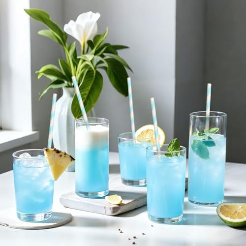 100 Packs Light Blue Biodegradable Striped Paper Straws, Disposable Drinking Straws for Birthday Carnival Summer Pool Party Wedding Baby Shower Halloween Christmas Party Decoration Supplies